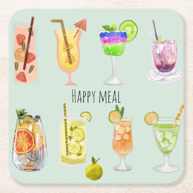 Posavasos Cuadrado De Papel Celebraciones familiares Watercolor cocktail fiest (Anverso)