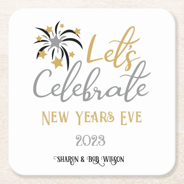 Posavasos Cuadrado De Papel Celebremos Año Nuevo Eve Black Gold Silver (Anverso)
