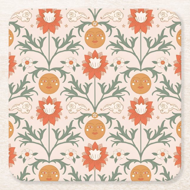 Posavasos Cuadrado De Papel Celestial Floral Sunburst Seamless Pattern Design (Anverso)