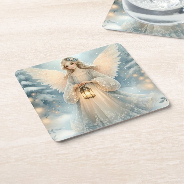 Posavasos Cuadrado De Papel Celestial Winter Angel Lantern of Grace (En perspectiva)