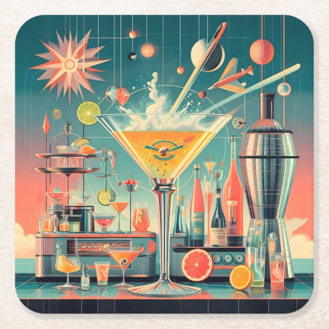 Posavasos Cuadrado De Papel Centro del Siglo Atómico Futurista Citrus Martini  (Anverso)