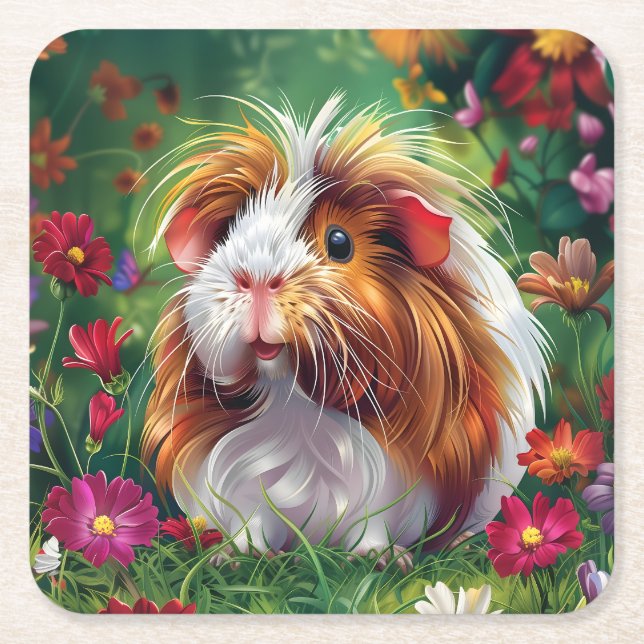 Posavasos Cuadrado De Papel Cerdo de Guinea entre las flores (Anverso)