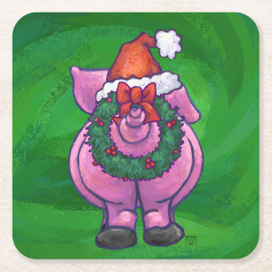 Posavasos Cuadrado De Papel Cerdo festivo en Sombrero Santa en Verde