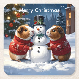 Posavasos Cuadrado De Papel Cerdos de Guinea y Navidades de Snowman