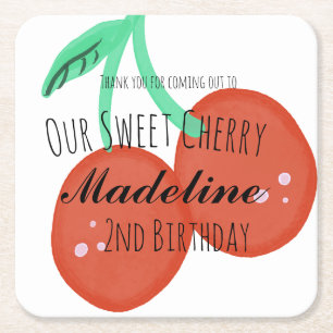 Posavasos Cuadrado De Papel Cereza linda dibujada a mano cumpleaños dulce rojo