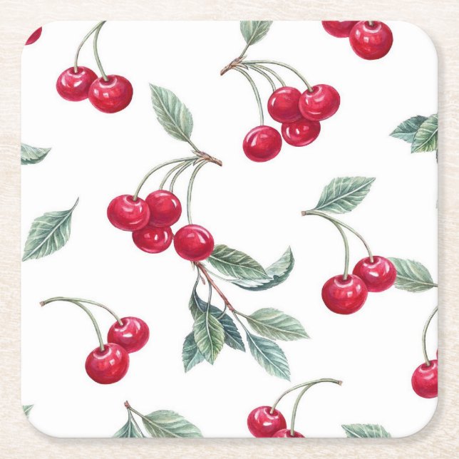 Posavasos Cuadrado De Papel Cerezas (Anverso)