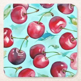 Posavasos Cuadrado De Papel Cerezas dulces arte de cereza acuarela colorida