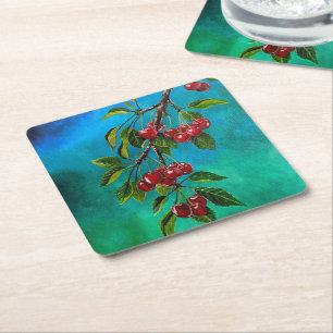 Posavasos Cuadrado De Papel Cerezas Rojas al Amanecer de Verano Pintura de Alf