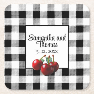 Posavasos Cuadrado De Papel Cerezas Vintage gingham blanco negro