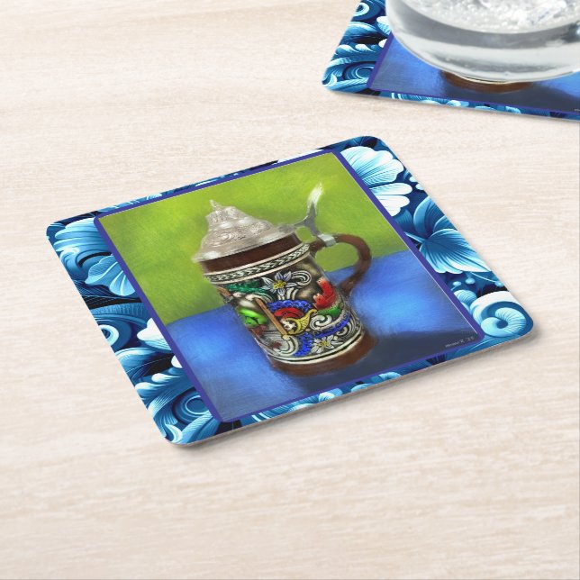 Posavasos Cuadrado De Papel Cerveza alemana Stein con tapa de bisagra azul ver (En perspectiva)
