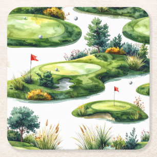 Posavasos Cuadrado De Papel Césped de golf con bandera roja