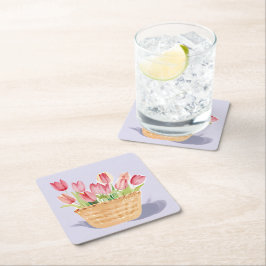Posavasos Cuadrado De Papel Cesta de Tulipanes | Pintura de Acuarela Floral