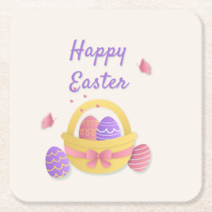 Posavasos Cuadrado De Papel Cesta feliz de Pascua y mariposas