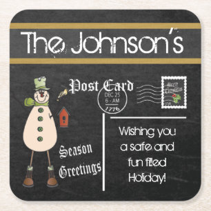 Posavasos Cuadrado De Papel Chalkboard de postales Vintage Christmas Snowman