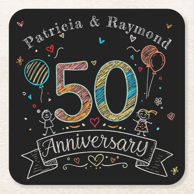 Posavasos Cuadrado De Papel Chalkboard Doodles 50 Aniversario personalizado (Anverso)