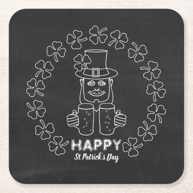 Posavasos Cuadrado De Papel Chalkboard Leprechaun, Día de San Patricio (Anverso)