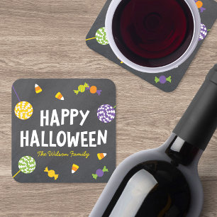 Posavasos Cuadrado De Papel Chalkboard Sweet Candy Tratos Felices Halloween