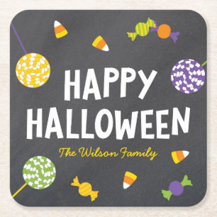 Posavasos Cuadrado De Papel Chalkboard Sweet Candy Tratos Felices Halloween