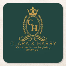 Posavasos Cuadrado De Papel Champagne gold minimal  lettering green weeding