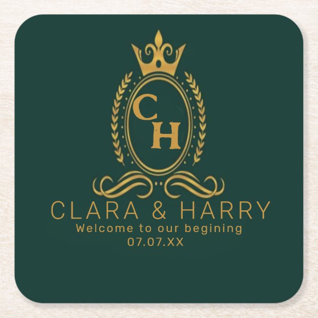 Posavasos Cuadrado De Papel Champagne gold minimal  lettering green weeding (Anverso)