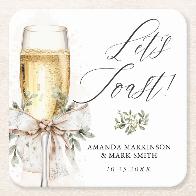Posavasos Cuadrado De Papel Champagne Let's Toast Winter Engagement (Anverso)