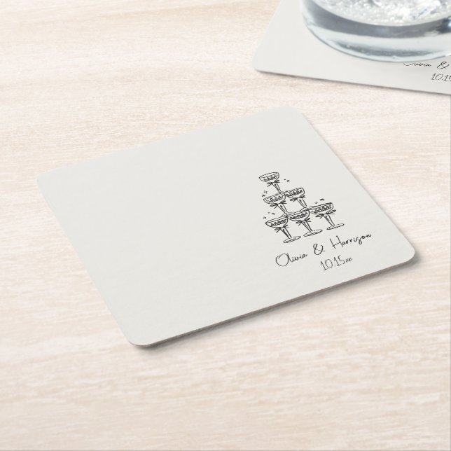 Posavasos Cuadrado De Papel Champagne Tower Doodle Custom Name Wedding (En perspectiva)