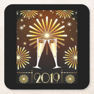 Posavasos Cuadrado De Papel Champagne y fuegos artificiales Nochevieja 2019