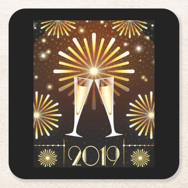 Posavasos Cuadrado De Papel Champagne y fuegos artificiales Nochevieja 2019 (Anverso)