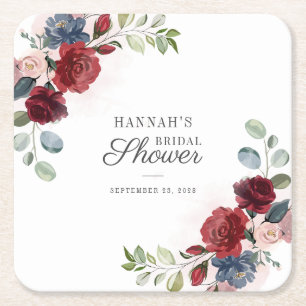 Posavasos Cuadrado De Papel Champán Floral Acuarela Rosa Borgona Tostada para