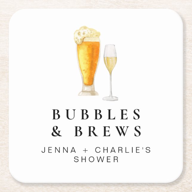 Posavasos Cuadrado De Papel CHARLIE Bubbles & Brews Parejas Ducha Bienvenida (Anverso)