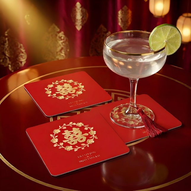 Posavasos Cuadrado De Papel Charming Glitter Floral Chinese Double Happiness (Charming Glitter Effect Floral Chinese Double Happiness Symbol Elegant Square Paper Coaster Design. )