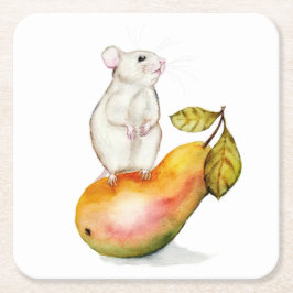 Posavasos Cuadrado De Papel Charming Mouse on a Pear