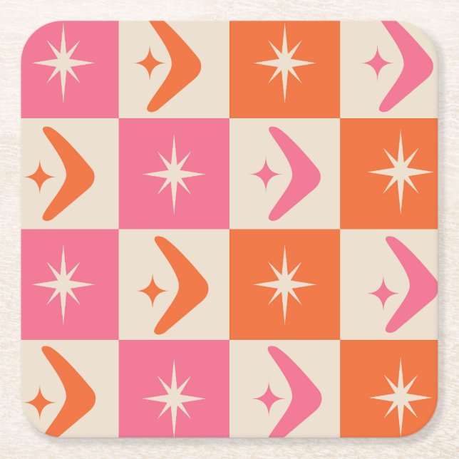 Posavasos Cuadrado De Papel Checkered Mid Century Boomerangs pink and orange  (Anverso)