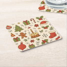 Posavasos Cuadrado De Papel Cheerful Christmas Doodle Pattern