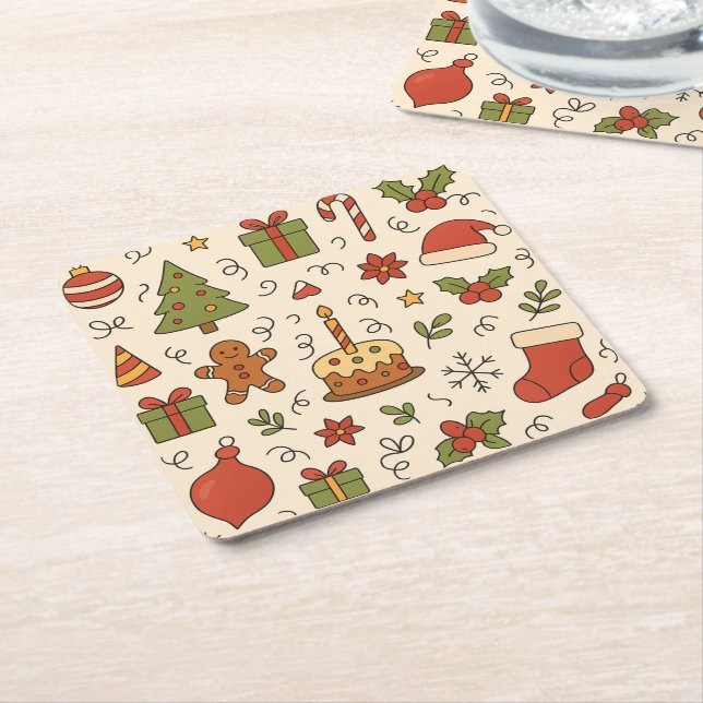 Posavasos Cuadrado De Papel Cheerful Christmas Doodle Pattern (En perspectiva)