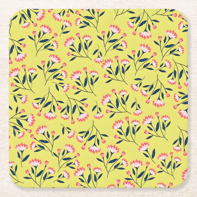 Posavasos Cuadrado De Papel  Cheerful Floral Pattern: Pink Flowers  (Anverso)