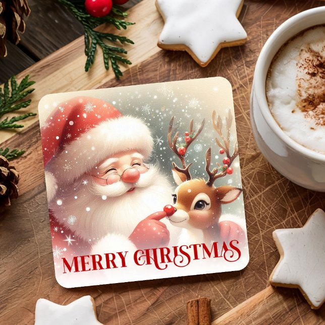 Posavasos Cuadrado De Papel Cheerful Santa Claus Rudolph Christmas Drink  (Cheerful Santa Claus Rudolph Christmas Drink Coasters)