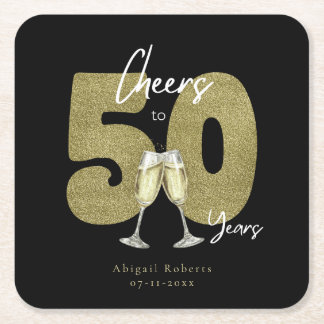 Posavasos Cuadrado De Papel Cheers To 50 Years Black Gold 
