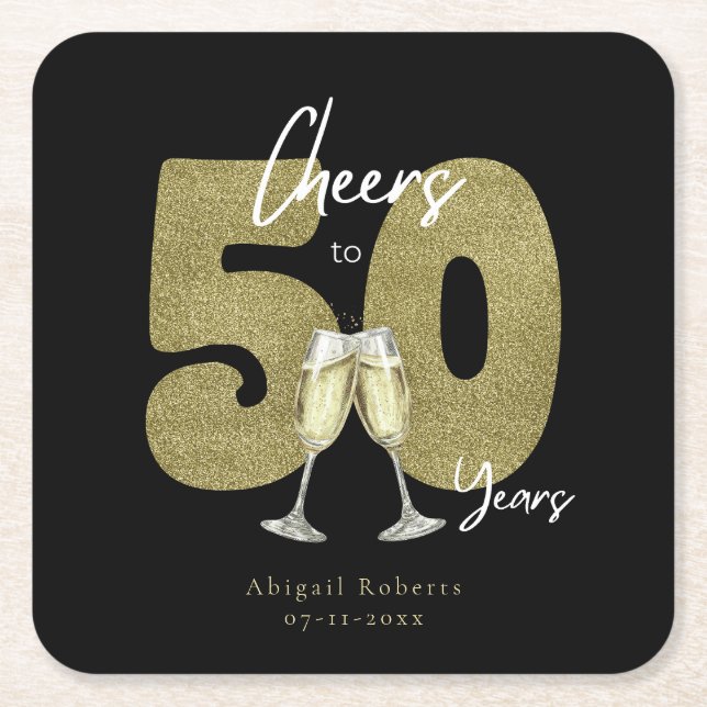 Posavasos Cuadrado De Papel Cheers To 50 Years Black Gold  (Anverso)