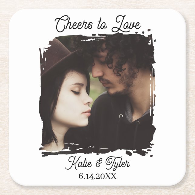 Posavasos Cuadrado De Papel Cheers to Love | Photo Template Wedding (Anverso)
