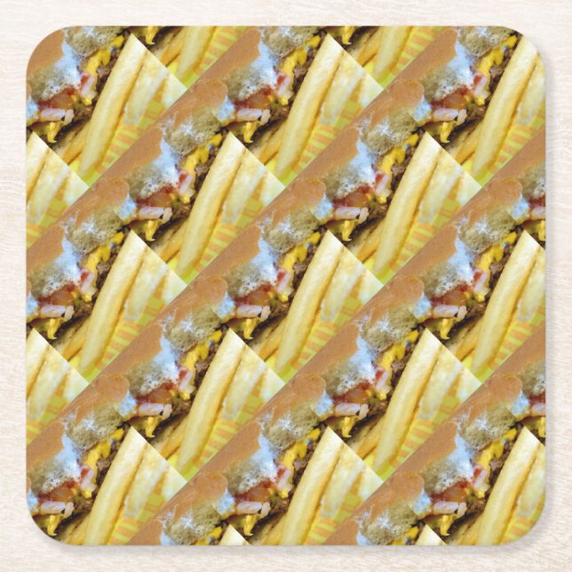 Posavasos Cuadrado De Papel Cheeseburger y Fries (Anverso)