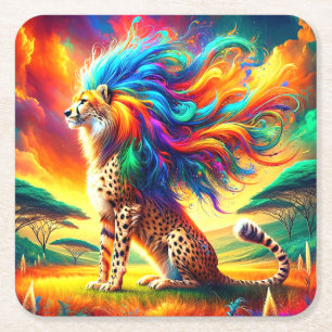 Posavasos Cuadrado De Papel Cheetah arcoiris