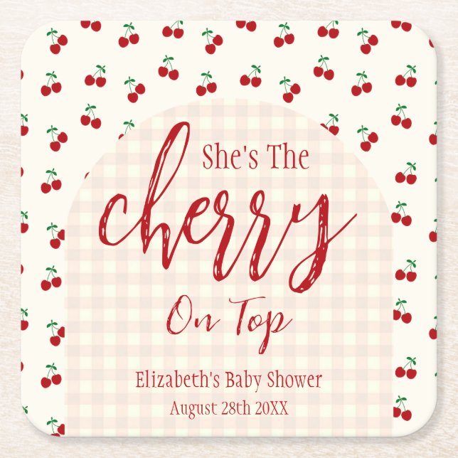 Posavasos Cuadrado De Papel Cherries Baby Shower (Anverso)