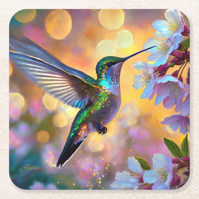 Posavasos Cuadrado De Papel Cherry Blossom Fantasy Hummingbird (Anverso)
