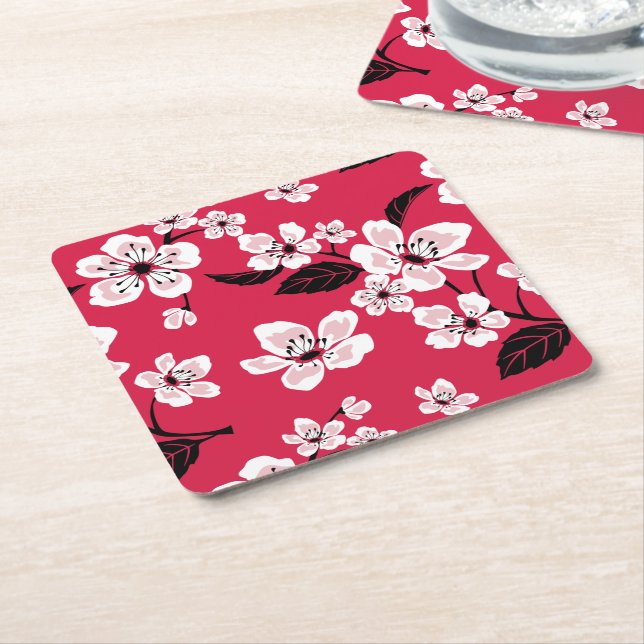POSAVASOS CUADRADO DE PAPEL CHERRY BLOSSOM - SAKURA (ROJO) (En perspectiva)