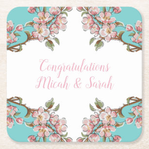 Posavasos Cuadrado De Papel Cherry Blossom Verde azulada Retro Vintage Baby Sh