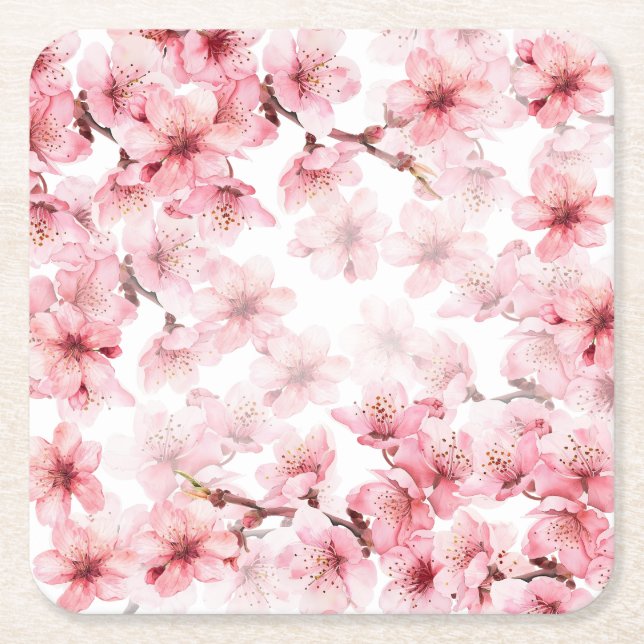 Posavasos Cuadrado De Papel Cherry Blossoms Pink White Custom (Anverso)