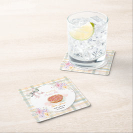 Posavasos Cuadrado De Papel Cherry Little Cutie Pastel Gingham Baby Shower