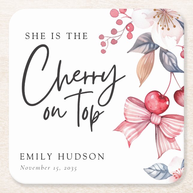 Posavasos Cuadrado De Papel Cherry on Top Pink Bow Coquette Baby Shower (Anverso)