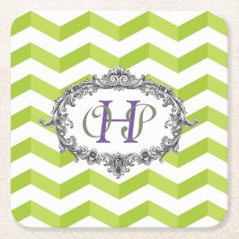 Posavasos Cuadrado De Papel Chevron y marco ovalado verde y blanco con monogra